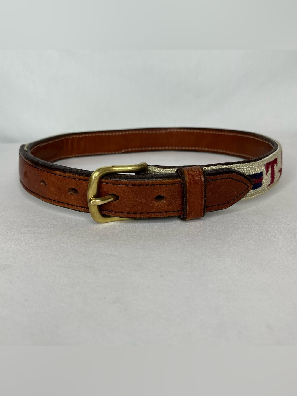 Handstitched Needlepoint Belt with Leather Trim. Tan, Blue & Maroon. "TJB" 28"